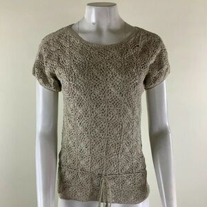 SK Imports Womens Sz M Hand Crochet Top Brown 100% Cotton Short Sleeve